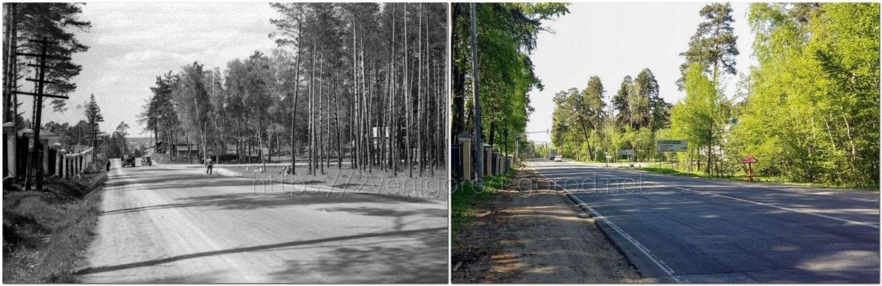 Вид на дорогу А-107 (Звенигородское шоссе) от перекрестка с Луцынским шоссе . 1950-е и 2015 гг. Фото 1950-х - из архива семьи Нечаевых