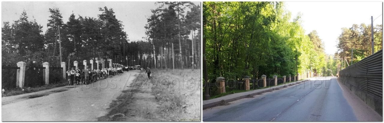 Дорога к старой станции Звенигород. Луцынское шоссе. 1950-е и 14 мая 2018 г.