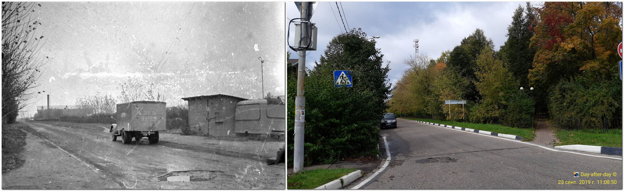 Слева 1967 год. Хлебный фургон выехал из ворот хлебокомбината и едет по Советской улице. Справа это же место 23 сентября 2019 г.