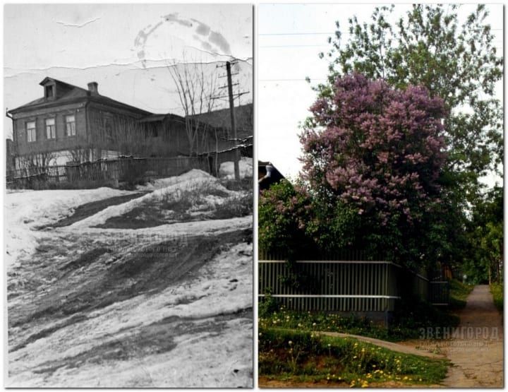 Слева дом Нечаевых - Зуевых на угле Ленина и Соловьевской в 1950-х. Справа - сирень во дворе этого дома. Начало 1970-х